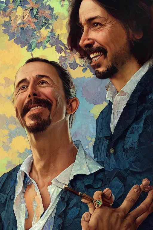 Image similar to Pablo Iglesias portrait, smiling, highly detailed, digital painting, artstation, sharp focus, illustration, with Hawaiian shirt, art by Greg Rutkowski, Norman Rockwell and Alphonse Mucha,