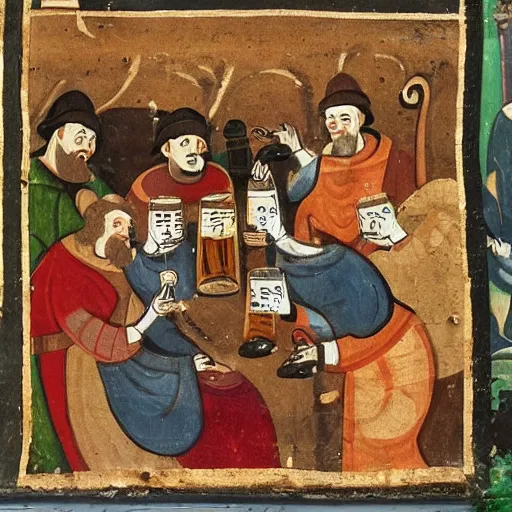 Prompt: a bunch of lads having some beers medieval scroll painting