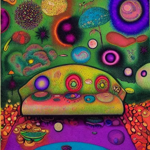 Image similar to psychedelic trippy couch in the lush forest, planets, flowers, mushrooms milky way, sofa, cartoon by mordecai ardon