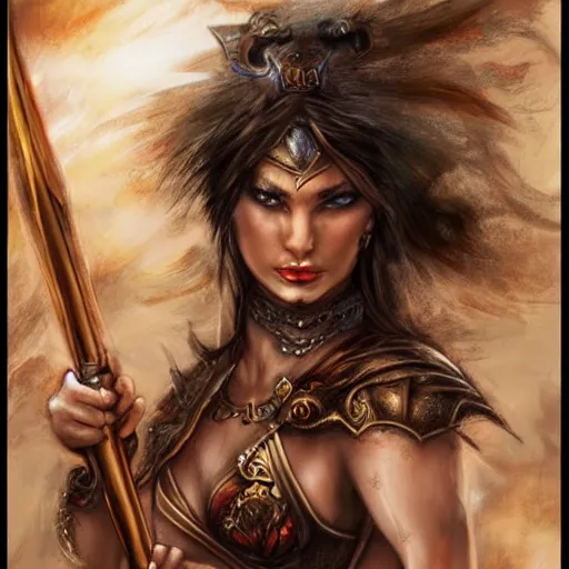 Prompt: vuloptuous female warrior, hyper realistic, in the style of luys royo