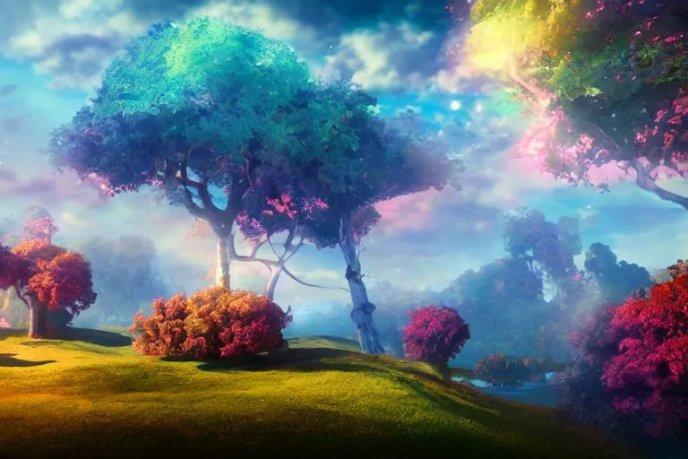 Image similar to Landscape of a beautiful enchanted fantasy world. Colorful. Planet in the sky. Cinematic lighting. Photorealism.