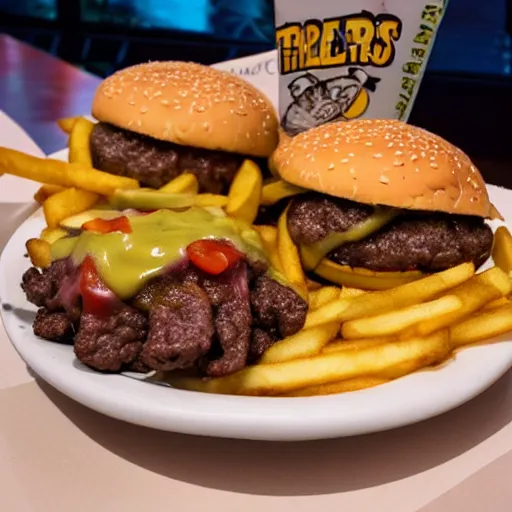 Image similar to a triple cheeseburger with fries t