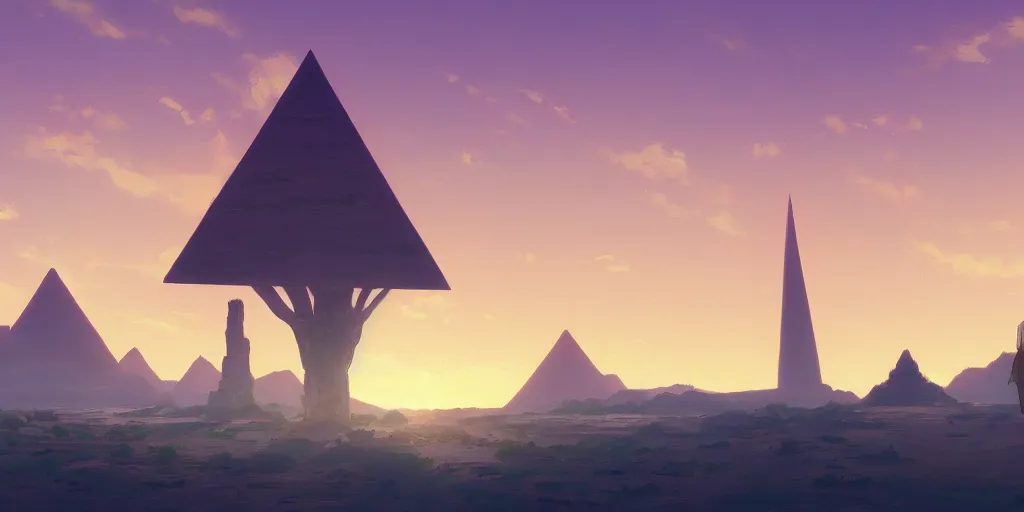 Image similar to a stunning desert landscape with a towering pyramid on the horizon by makoto shinkai