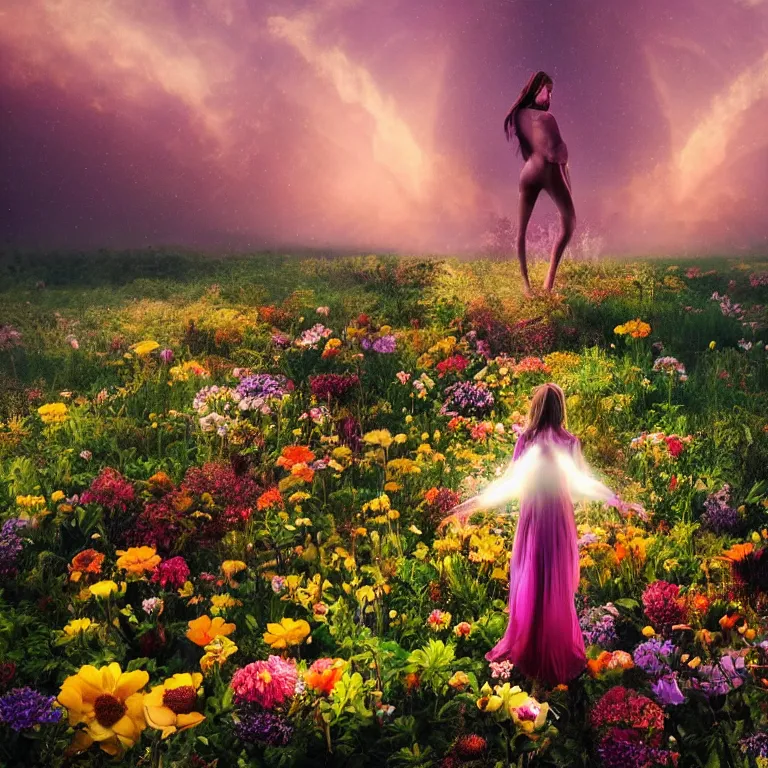 Prompt: a planet of various flowers, fungus and plants, in which the human figure is dressed in something magical and impressive, inside the picture is infinity, sunset light, Atmospheric phenomenon, artistic photography, muted colors, conceptual, long exposure outside the city, volumetric light