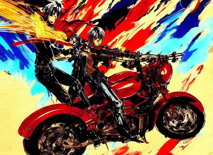 Image similar to anime key visual concept art of marvel ghost rider, riding a red akira motorcycle, by ashley wood, yoji shinkawa, jamie hewlett, 6 0's french movie poster, french impressionism, vivid colors, palette knife and brush strokes, style of kawacy and makoto shinkai and greg rutkowski