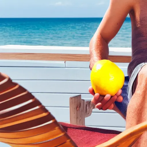 Prompt: a lemon with a happy mouth and happy eyes and legs, sitting on a deck chair, holding in his hand a cocktail as he enjoyed it by the beach, with the sea in the distance, 4 k, hd, realistic