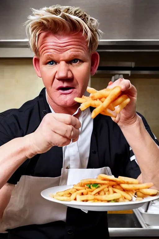 Image similar to photograph of chef gordon ramsay pretending to enjoy eating at mcdonald's, realistic, highly detailed,