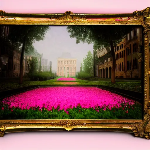 Image similar to 8k, octane render, realism, tonalism, renaissance, rococo, baroque, empty renaissance park, pink flowers, chaotic gold leaf flowers