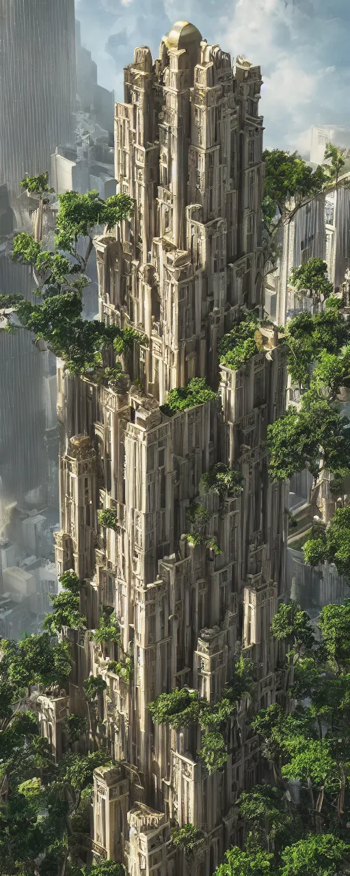 Prompt: maquette of eye level view of a contemporary tower, golden intricate details, stone facade, sacred architecture, hanging gardens, cascading highrise, arid mountains with lush palm forest, photorealistic, sunlight, 8 k, post - production, octane, cgi, sfx