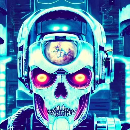 Image similar to portrait of a space pirate skull. intricate abstract. cyberpunk, vhs glitch. full face broken helmet. intricate artwork. nightmare fuel. terrifying ghost in the shell. empty oxygen tank. warhammer 40k crimes against humanity. neon flashes. by Tooth Wu, wlop, beeple, dan mumford. octane render, trending on artstation, greg rutkowski very coherent symmetrical artwork. cinematic, hyper realism, high detail, octane render, 8k, iridescent accents, black and white