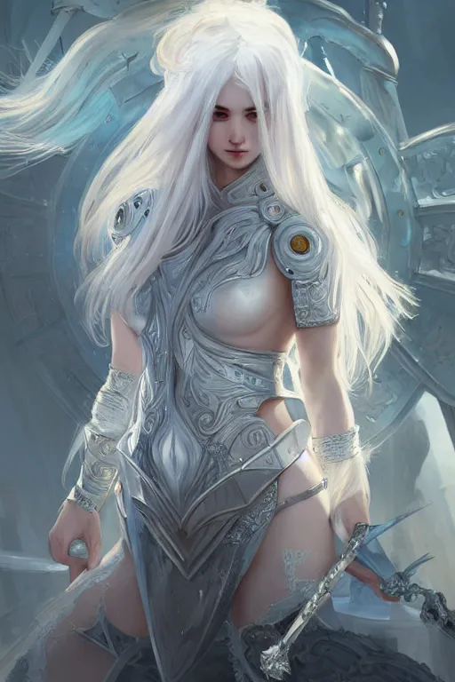 Image similar to portrait white hair knights of zodiac girl, sliver ice color reflected armor, in ruined agora of athens sunrise, ssci - fi and fantasy, intricate and very very beautiful and elegant, highly detailed, digital painting, artstation, concept art, smooth and sharp focus, illustration, art by tian zi and wlop and alphonse mucha