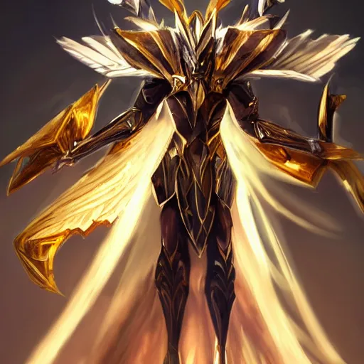 Image similar to cinematic, hyperdetailed elegant beautiful stunning league of legends azir armor fanart gold armored bird wings regal gold sunray shaped crown, warframe, destiny, octane