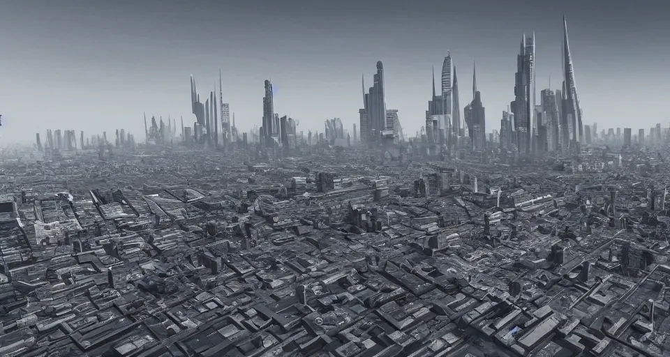 Prompt: view on future brutalistic megapolis in the horizon, in style of brutalism, detailed, sharp, 8 k