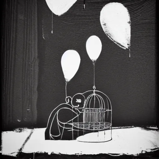 Prompt: photo of two shadowy figures hugging each other, they are in a birdcage, paint is falling off, black and white, 5 0 mm, dark