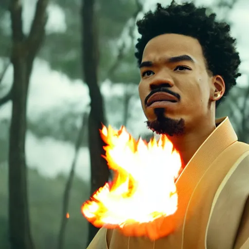 Image similar to cinematic film still of Chance The Rapper starring as a Samurai holding fire, Japanese CGI, VFX, 2022, 40mm lens, shallow depth of field, film photography