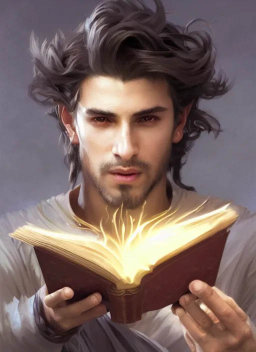 Image similar to character concept portrait of an attractive young Spanish wizard with tan skin conjuring a wind spell, a floating iridescent spell book in the center, intricate, elegant, digital painting, concept art, smooth, sharp focus, illustration, from Metal Gear, by Ruan Jia and Mandy Jurgens and William-Adolphe Bouguereau, Artgerm