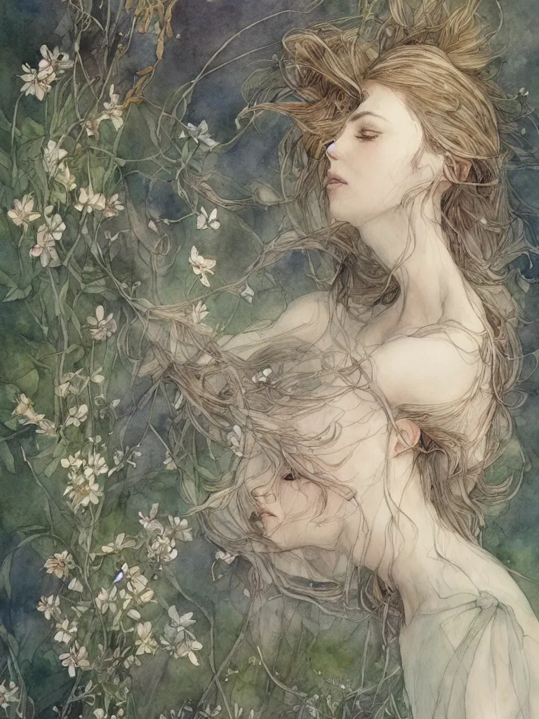 Prompt: study of a flower fairy, illustration, watercolor, alan lee, detailed, pretty, ethereal, realistic, artstation