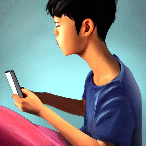 Prompt: beautiful detailed!!!!!! digital painting of a short asian teenager with short hair sitting in a bean bag and playing on his phone in his dark!!! dimly - lit blue messy room, stunning digital painting, top digital painting, expressive character design, 4 k quality, highly detailed, smooth, sharp focus, clear, trending on artstation