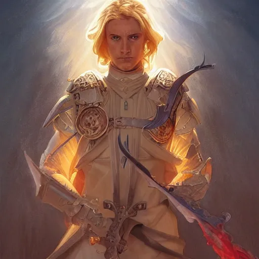 Image similar to portrait of an aasimar paladin blond young man with amber eyes wielding his flaming blade, he has angelical wings strong, sofisticated, fantasy, highly detailed, digital painting, artstation, concept art, character art, art by greg rutkowski and tyler jacobson and alphonse mucha