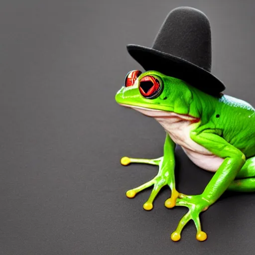 Prompt: A photo of a frog with a hat, he is dressed in a suit, he looks very sophisticated