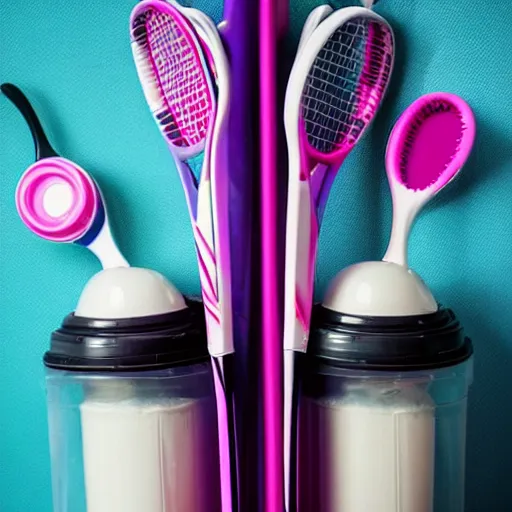 Image similar to three cups of yougurt jars next to a tennis racket, a stock photo by pia fries, trending on pinterest, lyco art, y 2 k aesthetic, vaporwave, aesthetic, side view