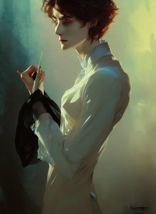 Image similar to dorian gray with a woman, digital painting, artstation, concept art, smooth, sharp focus, illustration, art by artgerm and greg rutkowski and alphonse mucha