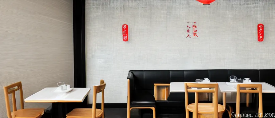 Image similar to a beautiful simple interior render of small roasted string hotpot restaurant restaurant yan'an, wall corner, from china, red paper wall and white tile floor, rectangle white porcelain table, black chair, fine simple delicate structure, chinese style, simple composition, simple style structure decoration design, victo ngai, 4 k hd