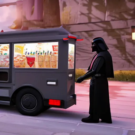 Image similar to darth vader ordering ice cream from an ice - cream truck, high definition, unreal engine rendering