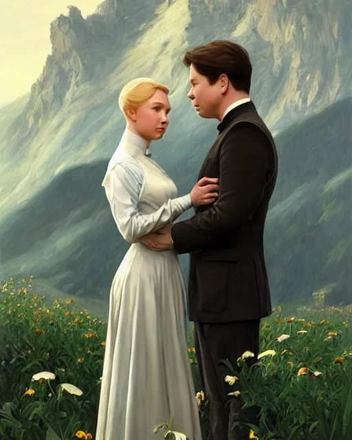 Image similar to Portrait of a  blonde lady and Michael mcintyre as characters in the Sound of Music,real life skin, intricate, elegant, highly detailed, artstation, concept art, smooth, sharp focus, art by artgerm and greg rutkowski and alphonse mucha