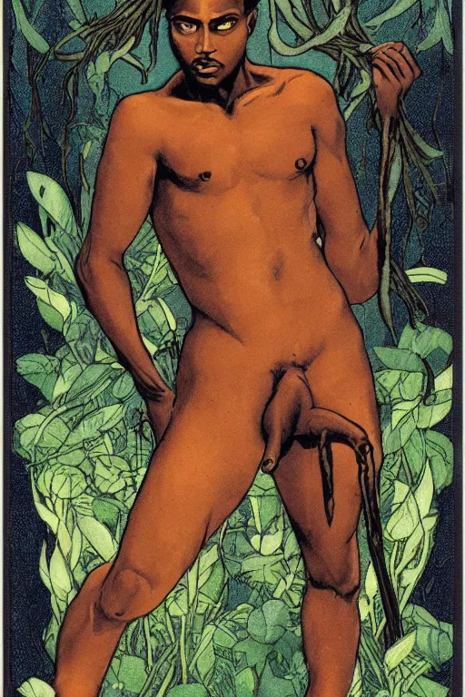 Prompt: a tarot card of a dark-skinned male forest nymph, homoerotic, art nouveau, art deco, trending on artstation