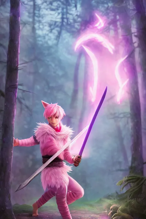 Image similar to a beautiful fullbody portrait of a cute male boy with pink hair and pink wolf ears and tail, wearing a cool outfit, barefoot, wielding a sword in battle position, in a forest, at night. volumetric light, detailed, photorealistic, fantasy, rendered in octane