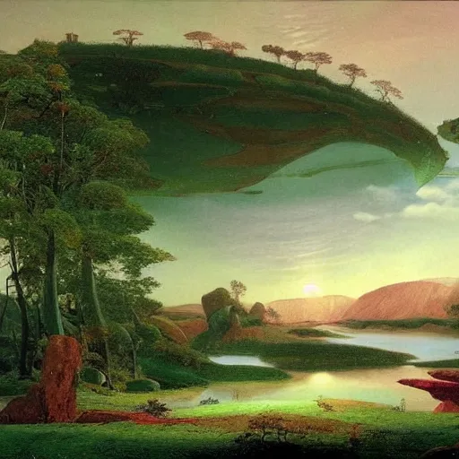 Image similar to A beautiful kinetic sculpture of a landscape. It is a stylized and colorful view of an idyllic, dreamlike world with rolling hills, peaceful looking animals, and a flowing river. The scene looks like it could be from another planet, or perhaps a fairy tale. by Caspar David Friedrich, by Charles Willson Peale lines