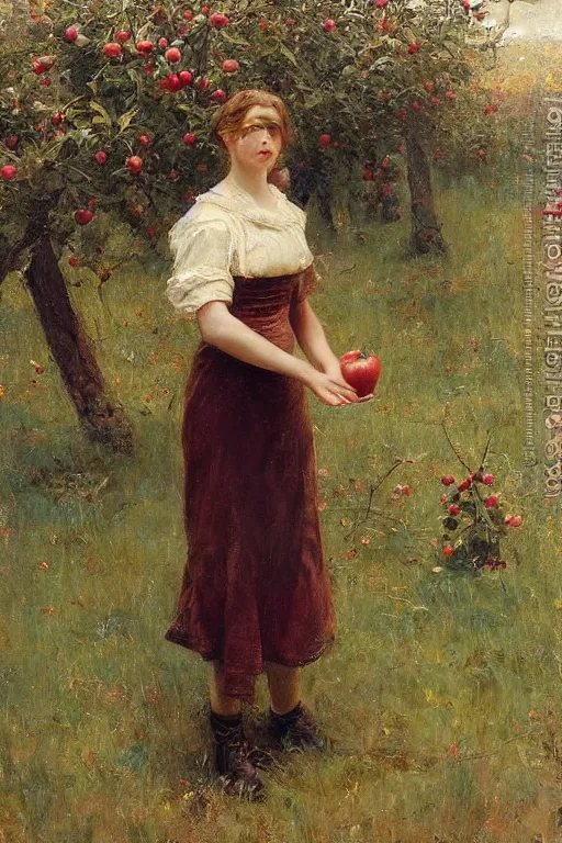 Prompt: Solomon Joseph Solomon and Richard Schmid and Jeremy Lipking victorian genre painting full length portrait painting of a young cottagecore walking in an apple orchard, red background