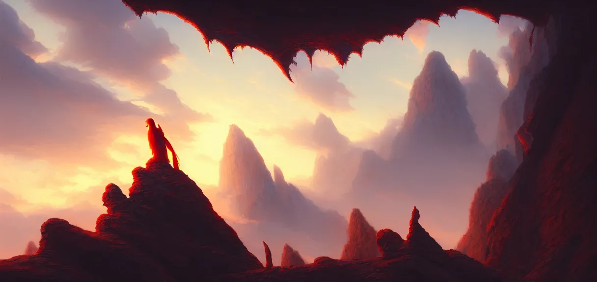 Prompt: post - minimalism portrait of a lorestone cave, bird's eye view, scorchbringer guard following iridescent clouds, vibrant tan color scheme, highly detailed, in the style of romanticism, cinematic, artstation, moebius, greg rutkowski