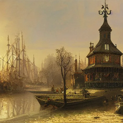 Image similar to detailed painting of a living capsule architecture, filigree ornaments, andreas achenbach