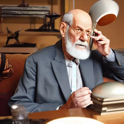 Prompt: Sigmund Freud eating string cheese and listening to a gramophone, PS4 cinematic trailer