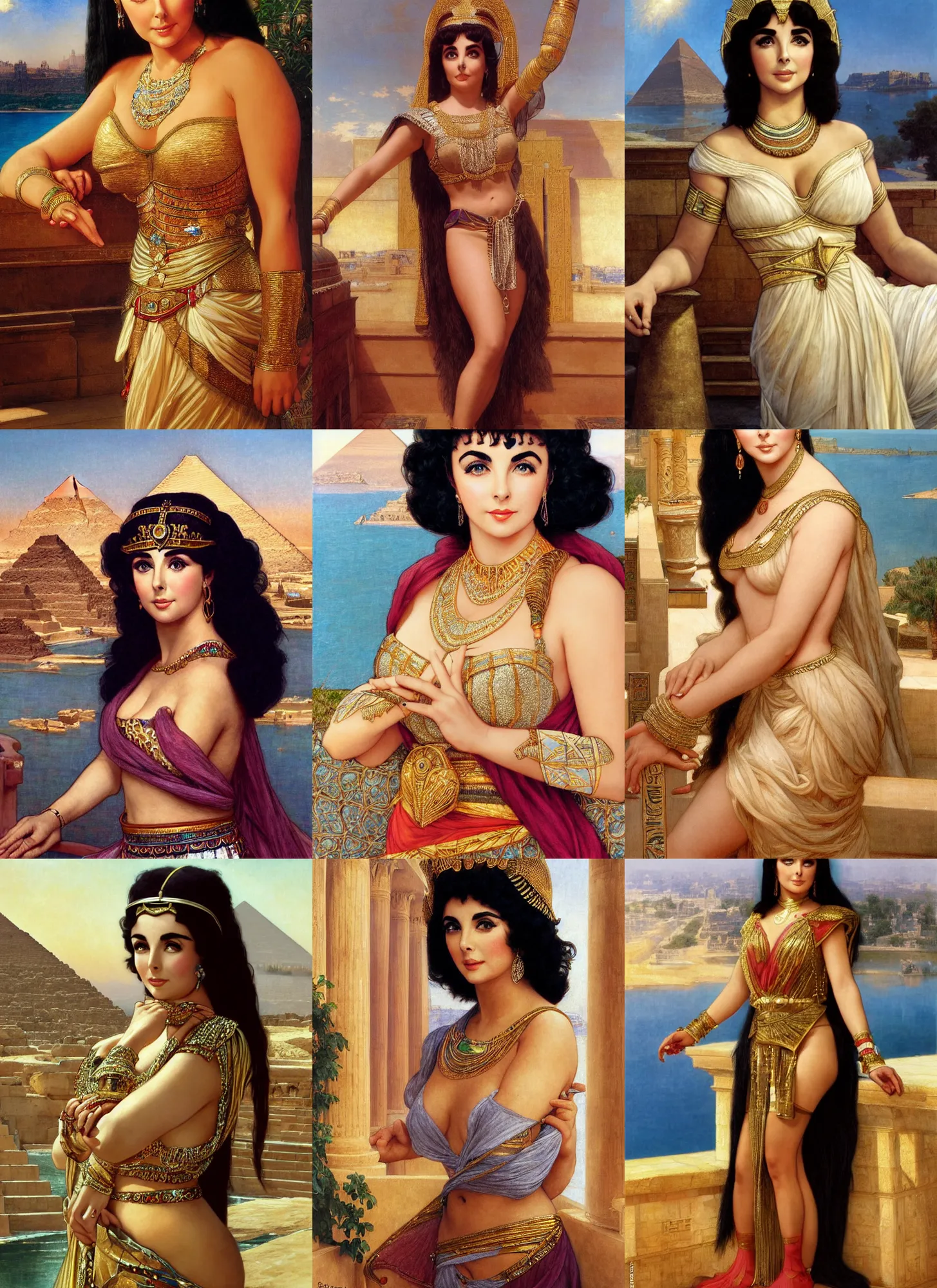Prompt: portrait young hot elizabeth taylor as egypt princess cleopatra on a open terrace, hands straight down, nile - river and pyramids view, full length shot, shining, 8 k highly detailed, sharp focus, illustration, art by artgerm, mucha, bouguereau