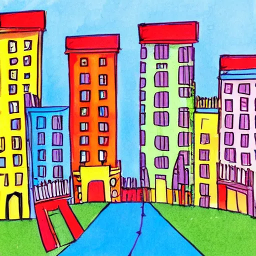 Prompt: city filled with buildings, colorful kids book illustration by dr seuss, towers, bridges, stairs