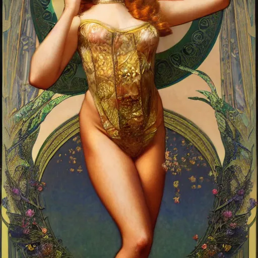 Prompt: full body pose, hyperrealistic oil painting of beautiful starbucks mermaid, dim volumetric lighting, art nouveau, by mucha and elvgren. extremely hyper detailed, intricate, epic composition, cinematic lighting, masterpiece, trending on artstation