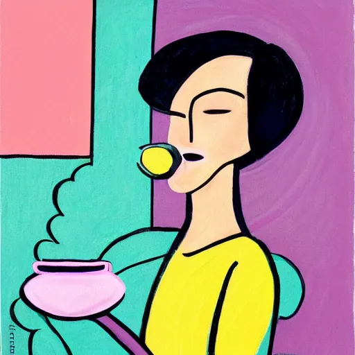 Image similar to beautiful lady, drinking tea, fruit basket, painting,, clean shapes, print, pastel colors, ink lines, markus gunnar, konstfack