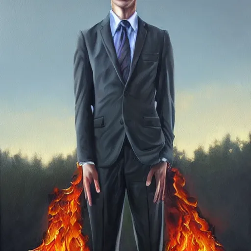Image similar to a hyper realistic painting of a calm young man in a burning business suit, his clothes is burning, full body painting, long shot, coherent symmetrical eyes, by jeffrey smith, by andrea kowch, by steve henderson, masterpiece, trending on artstation,