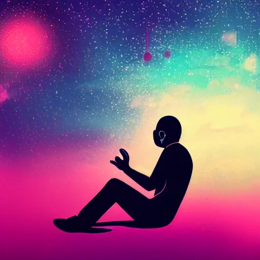 Prompt: a calm man sitting in space listening to music, synthwave, retro, acrylic art blurry background, depth of field,