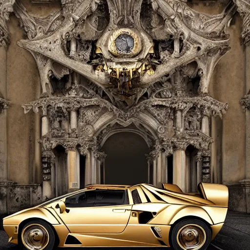 Prompt: biomechanical shiny steampunk lamborghini countach with (glowing) lights parked in ancient lush palace, gothic and baroque, brutalist architecture, ultradetailed, creepy ambiance, fog, artgerm, giger, Intricate by Ellen Jewett and Josan Gonzalez and Giuseppe Arcimboldo
