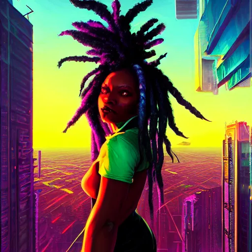 Prompt: a gothic!!!!! black woman with colorful dreadlocks sitting on top of a skyscraper in the cyberpunk city at sunset, by greg rutkowski and android jones and Alena Aenami in a surreal!! portrait style, oil on canvas, cyberpunk, vibrant color scheme, 8k