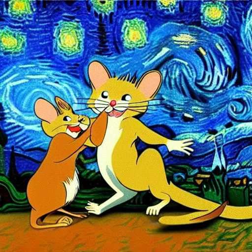 Image similar to tom and jerry in a van gogh painting, 4 k, hyper realistic, dslr, high resolution, landscape, beautiful