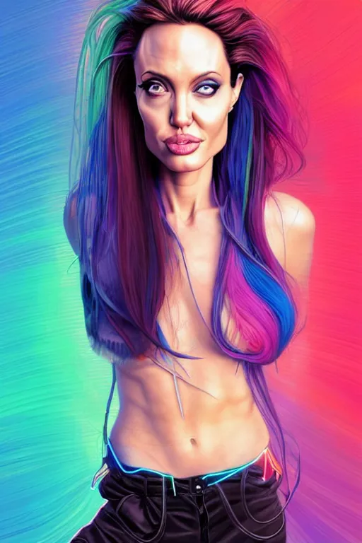 Image similar to a award winning half body portrait of a angelina jolie with stunning eyes in a croptop and cargo pants with rainbow colored hair, outlined by whirling illuminated neon lines and fine lines swirling in circles by jesper ejsing and rhads and makoto and shinkai and lois van baarle, digital art, trending on artstation