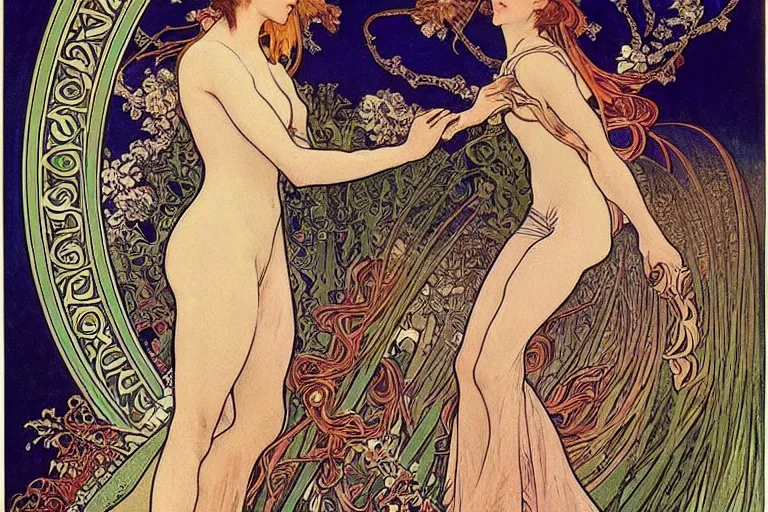 Image similar to a painting of magicians, outdoor, art by Walter Crane and Alphonse Mucha amd Ivan Bilibin, art nouveau, epic fantasty card game art, Beautiful, cinematic