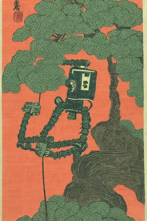 Image similar to Japanese woodblock print of robot gardener