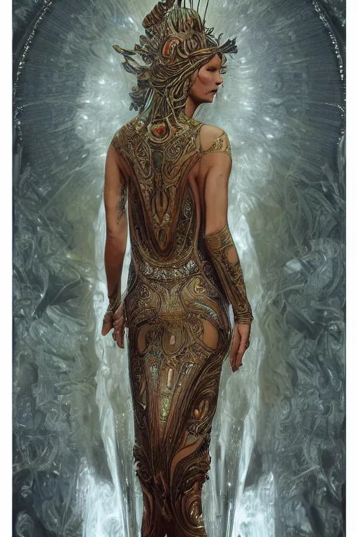 Image similar to a realistic moody photo of a beautiful ancient alien woman goddess kate moss durga standing in iris van herpen dress jewelery and fractals in style of alphonse mucha art nuvo dmt trending on artstation made in unreal engine 4