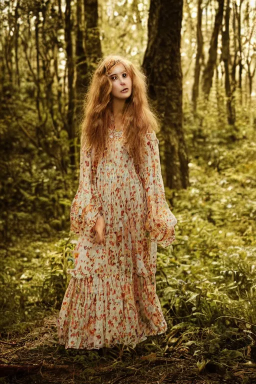 Prompt: young model girl in a fantasy boho hungarian floral patterned dress in the woods, soft golden light fashion photography, magical